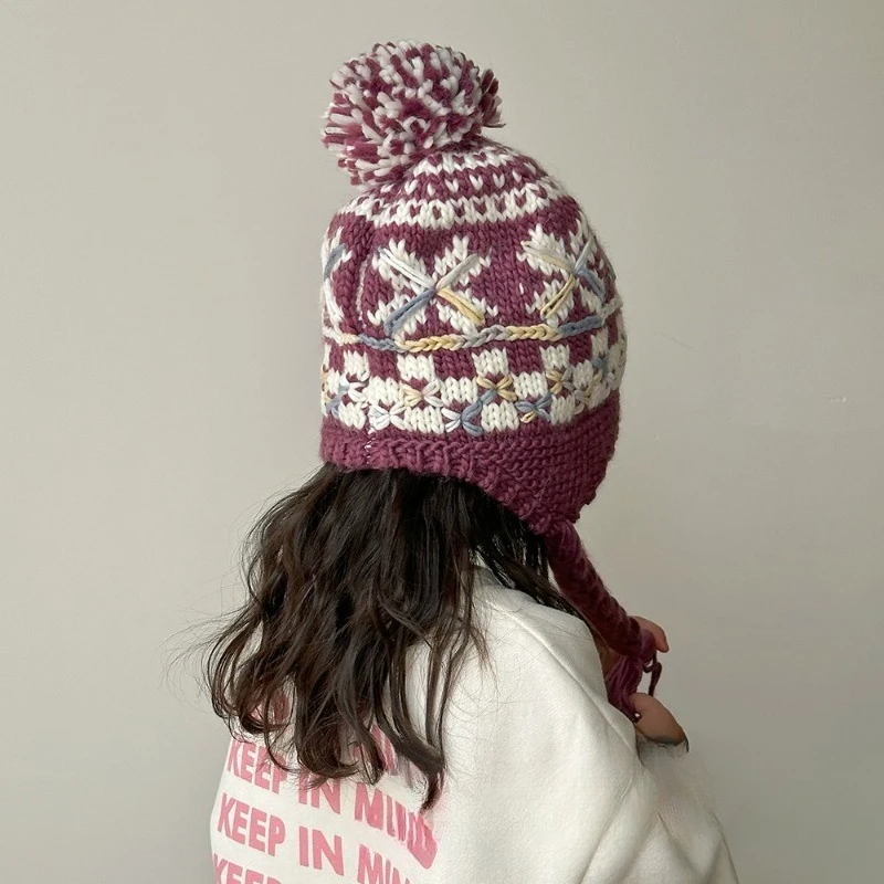 Gorro de punto para niños estilo japonés Ins, cálido con forro polar para otoño-invierno, patrón jacquard, orejeras, suave para bebés. - imagen 5