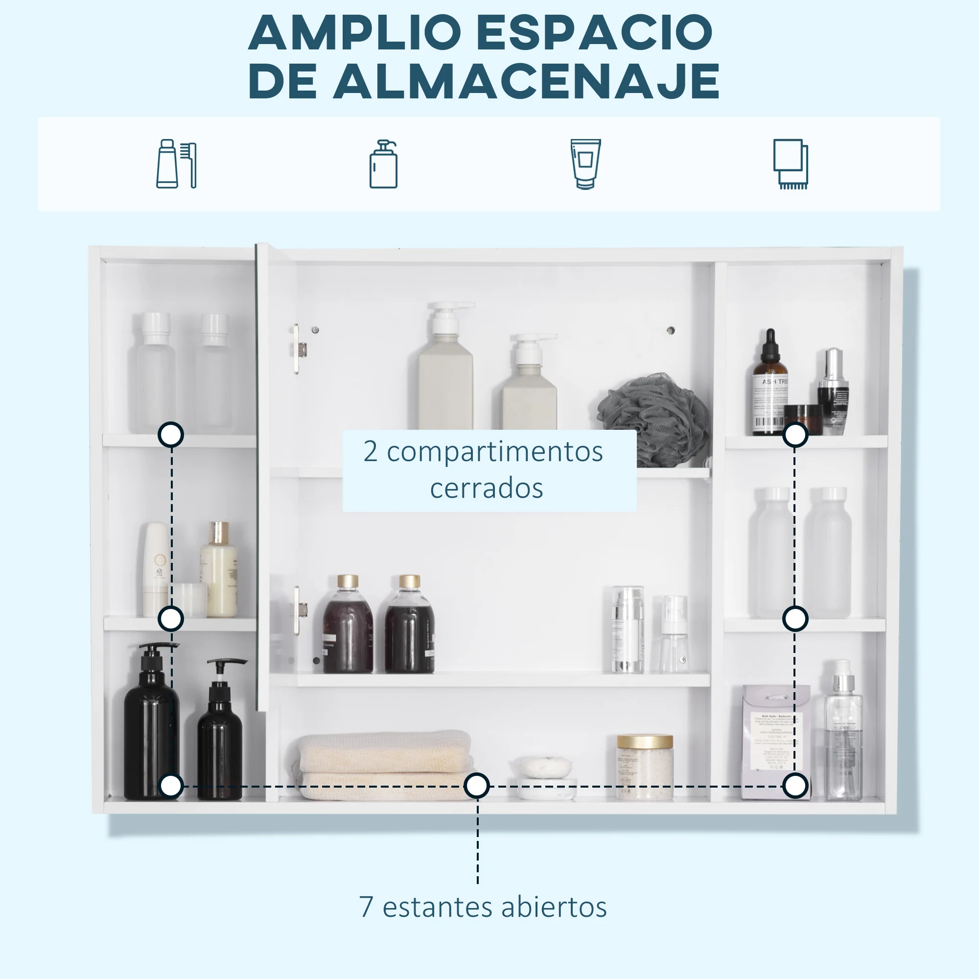 kleankin Armario de Baño con Espejo Armario de Pared Mueble de Baño Colgar con Puerta Estantes Abiertos 100x15x70 cm Blanco - imagen 4