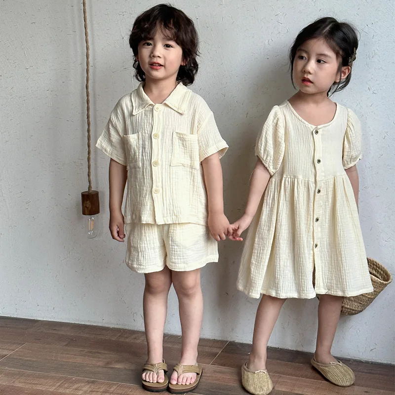 Conjunto de ropa de verano para niños, camisa de manga corta, pantalones cortos, traje informal de 2 uds., vestido de Color sólido para niñas, traje para hermana y hermano - imagen 2