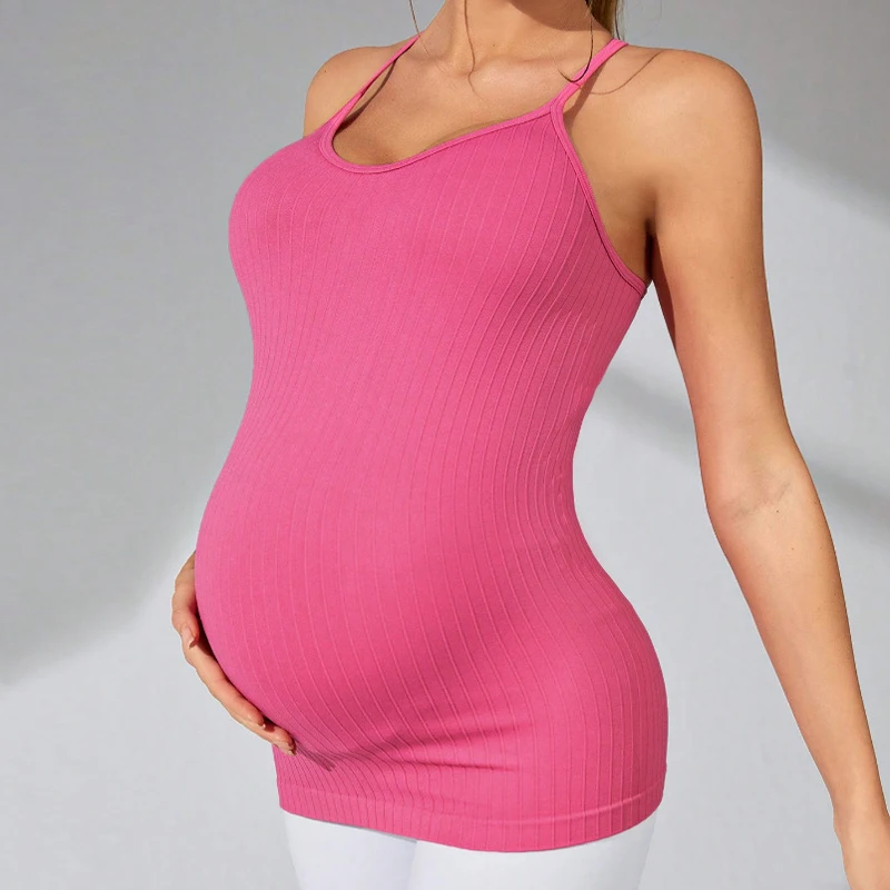 Mujeres embarazadas Correa de espagueti Cuello en V Ajuste Camisola de embarazo Y-Back Sin mangas Camiseta sin mangas de maternidad - imagen 2