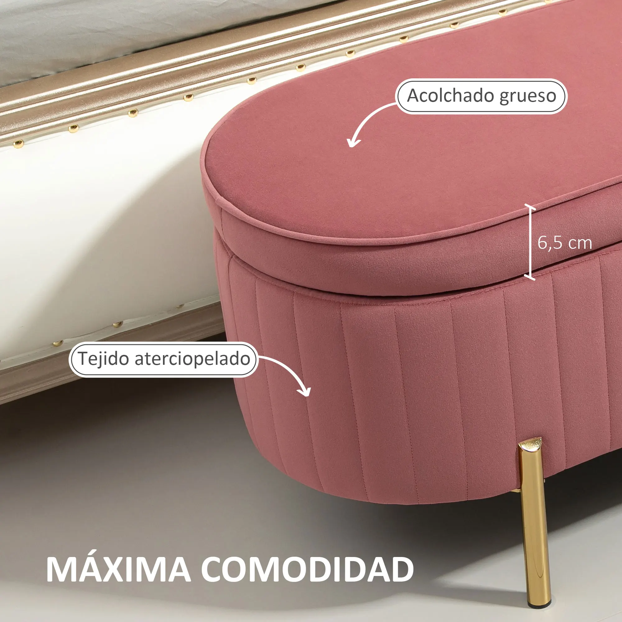 HOMCOM Banco Pie de Cama Tapizado en Terciopelo Puff Almacenaje con Espacio de Almacenaje y Patas Doradas Banqueta para Dormitorio Entrada 108x44x43,5 cm Rosa - imagen 4