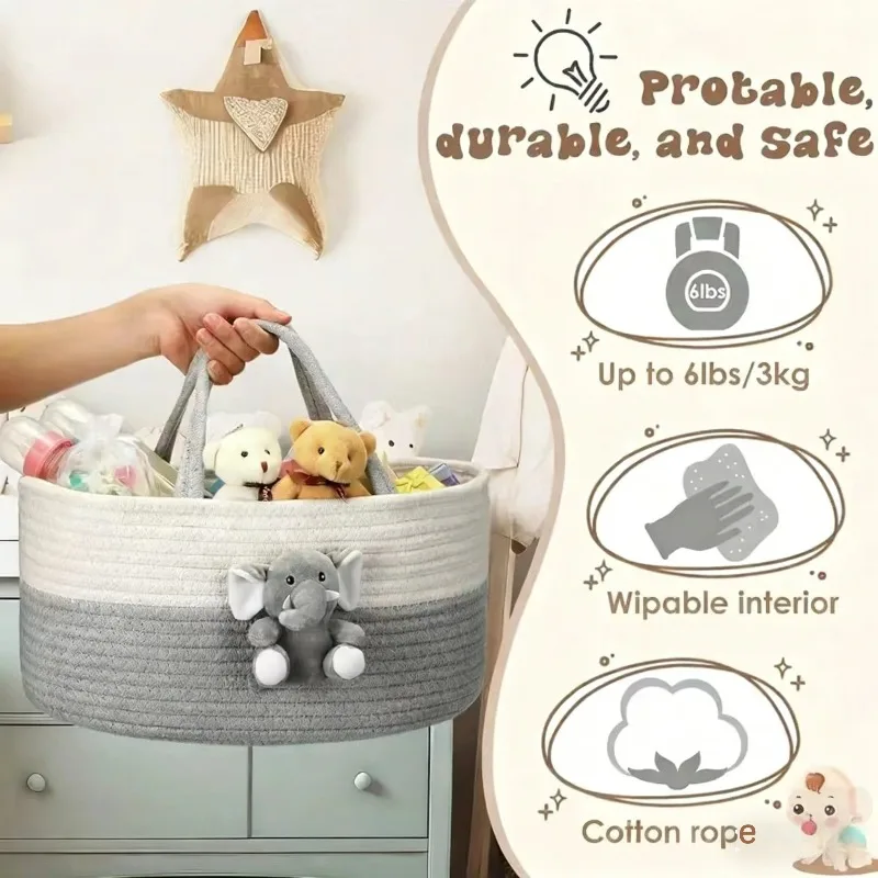 Organizador portátil para pañales, cesta de almacenamiento de cuerda de algodón de gran capacidad con asa, bolsa de viaje para cambiar pañales de bebé - imagen 5