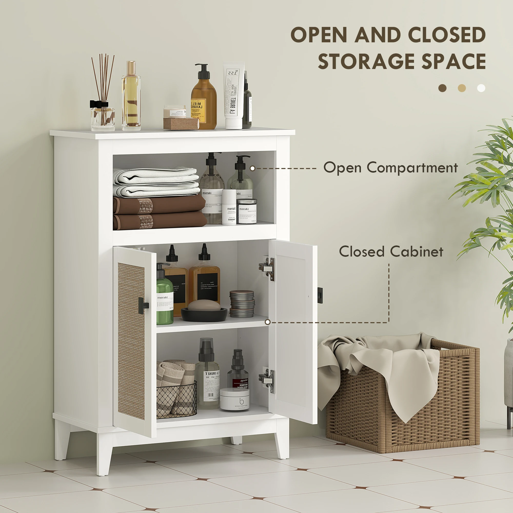 HOMCOM Mueble Auxiliar de Baño con 2 Puertas con Frontal de Ratán Armario de Baño con Estante Ajustable y Compartimento Abierto 60x30x90 cm Blanco - imagen 4