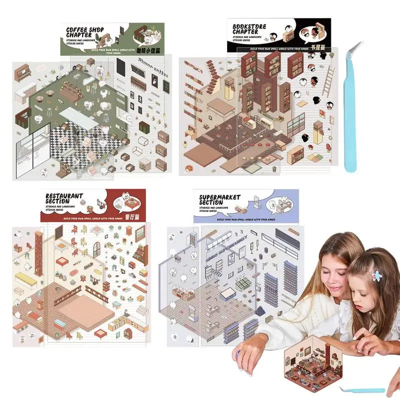 Pegatinas de escena en miniatura 3D de dibujos animados, juego de pegatinas de casa temáticas de dibujos animados de viaje, pegatinas de escena de paisajismo de casa apilables 3D para
