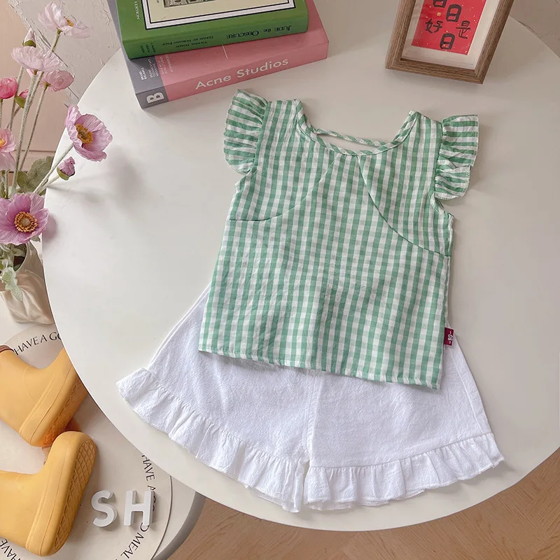 Nueva ropa de verano para niñas, traje para niños, chaleco a cuadros, pantalones cortos, 2 unids/set, ropa para niños, disfraz informal infantil, chándales para niños pequeños - imagen 2