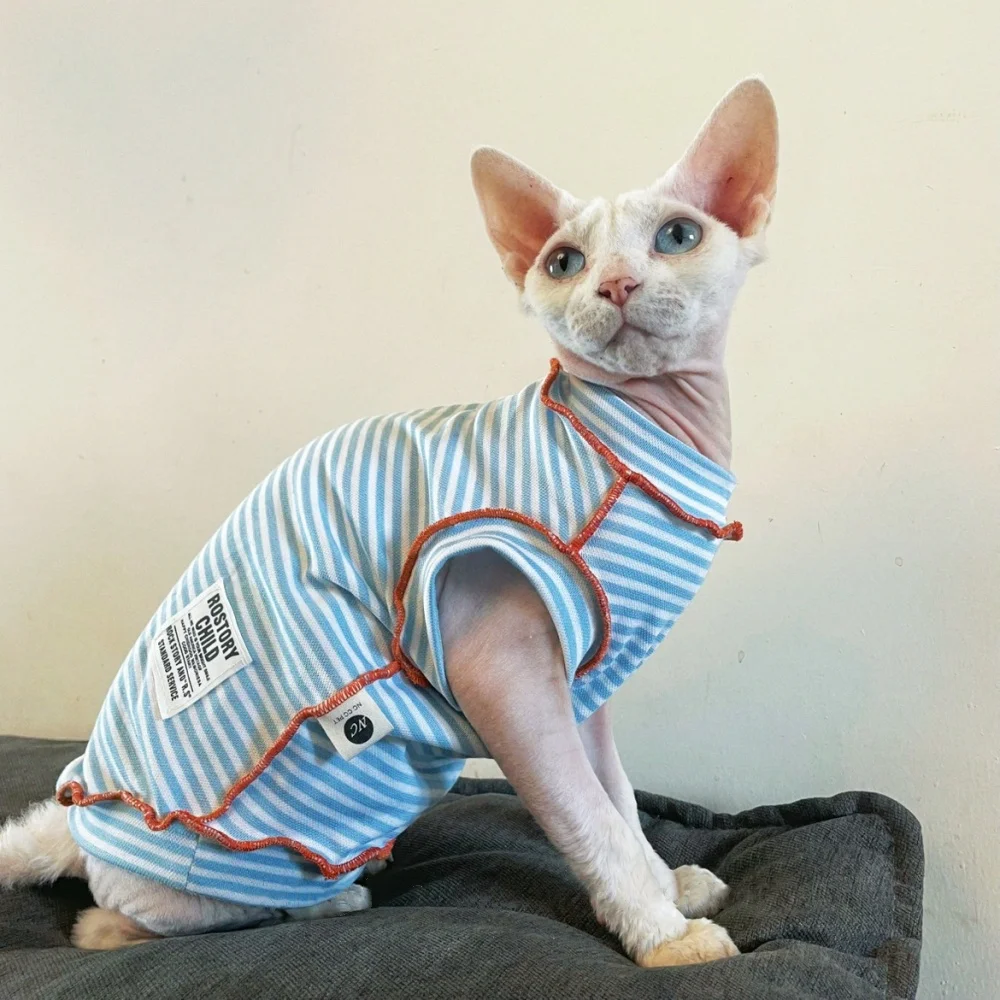 Camiseta de manga corta a rayas azules para gatos machos en primavera Mono de algodón dulce de verano para Devon Rex Chaleco de verano para gato Sphynx