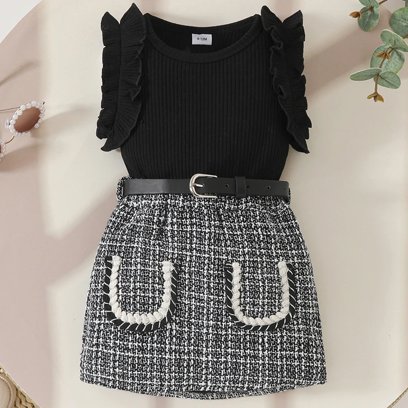 Conjuntos de 3 piezas de ropa de verano para niño niña, moda coreana, Tops negros sin mangas para bebé, falda a cuadros y cinturón, ropa de Boutique para niños BC2229 - imagen 2