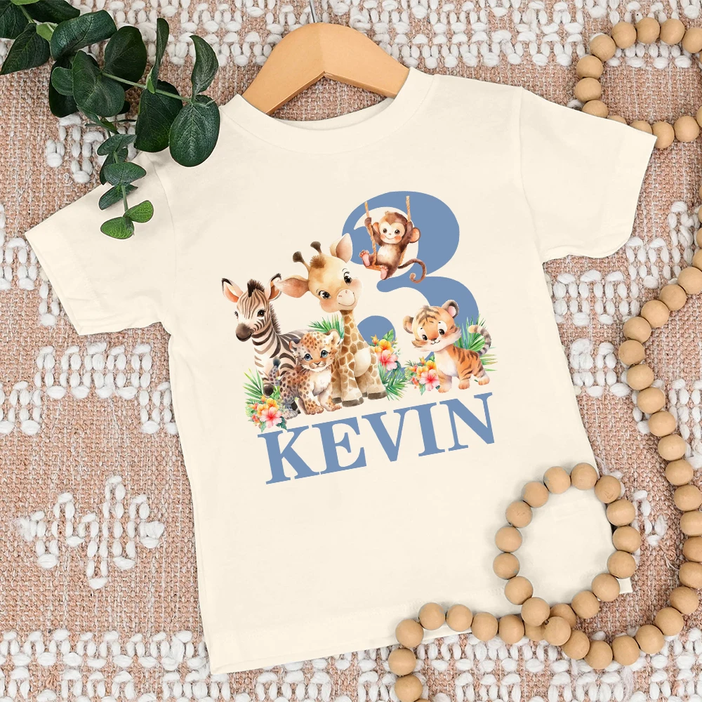 Camiseta de cumpleaños personalizada para niños y niñas de 1 a 5 años, camisa de fiesta de la jungla, camiseta salvaje, traje de Animal con nombre, ropa Retro para niños
