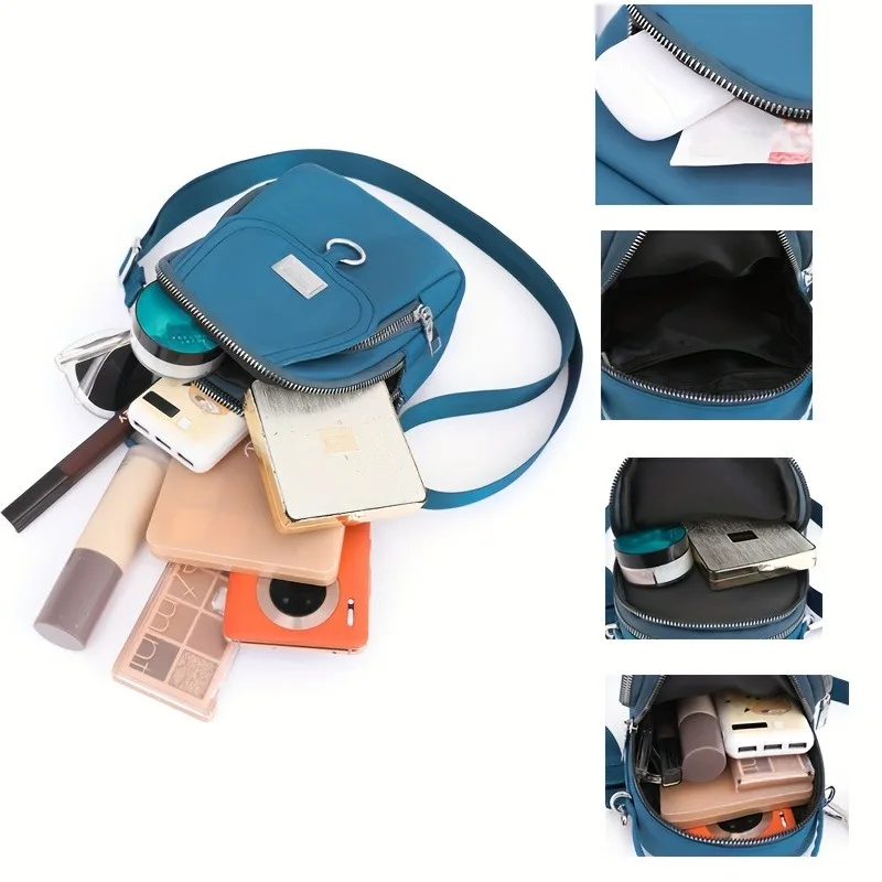 Mini bolso cruzado para mujer, bolso de nailon ligero, 1 ud. |   Múltiples compartimentos con cremallera + correa para el hombro desmontable - imagen 5