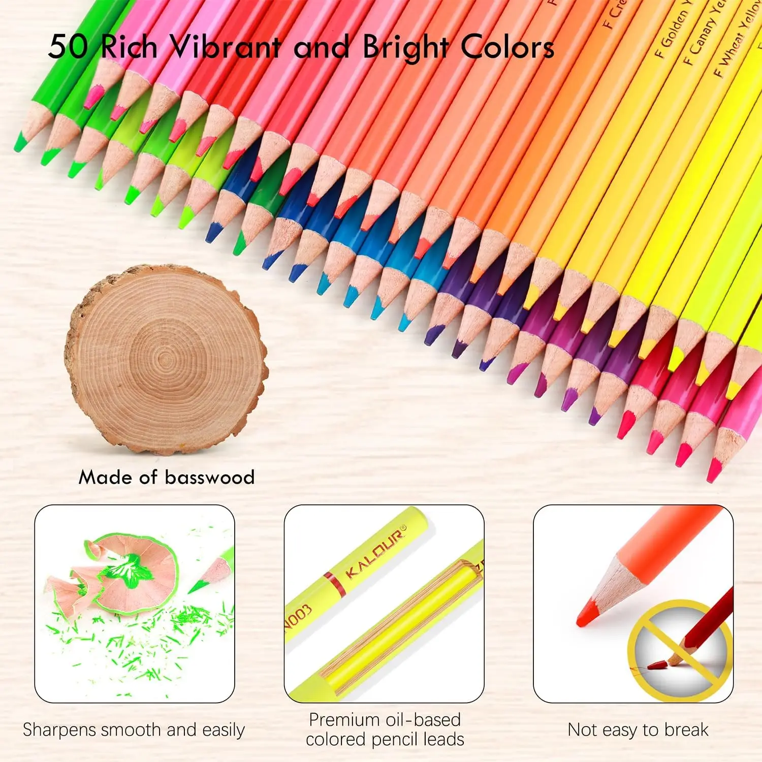 KALOUR 50 lápices de colores neón, lápices de dibujo profesionales de colores fluorescentes, suministros de arte para artistas adultos, núcleo suave - imagen 3