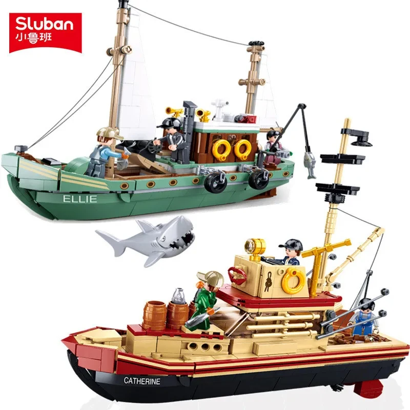 Barco de pesca Trawler, gran barco de tiburón blanco, bloques de construcción, modelo de barco pirata, juego de ladrillos con Mini figuras, juguetes DIY para niños, regalos