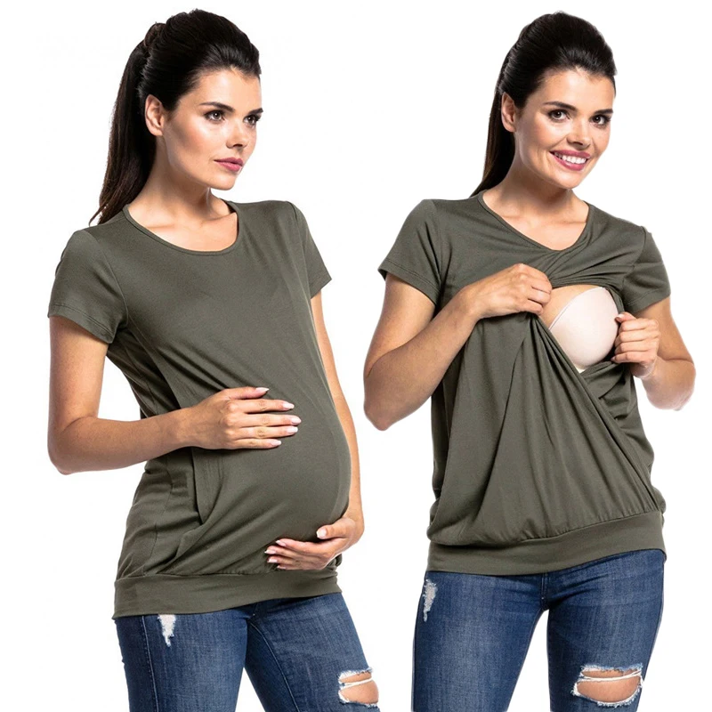 Camisetas de manga corta de Color puro para mujer, ropa de lactancia, ropa de maternidad, blusa para mujeres embarazadas, Tops de lactancia - imagen 3