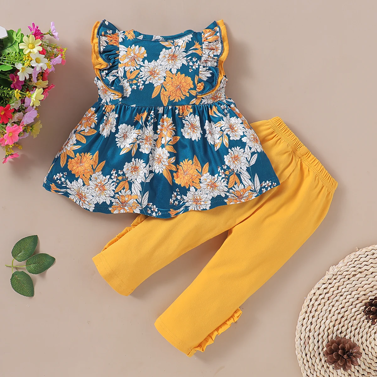 Conjunto de ropa para niña de 1 a 6T, camiseta sin mangas con flores + pantalones Leggings de colores sólidos, disfraz de banquete para niña 2 uds. - imagen 2