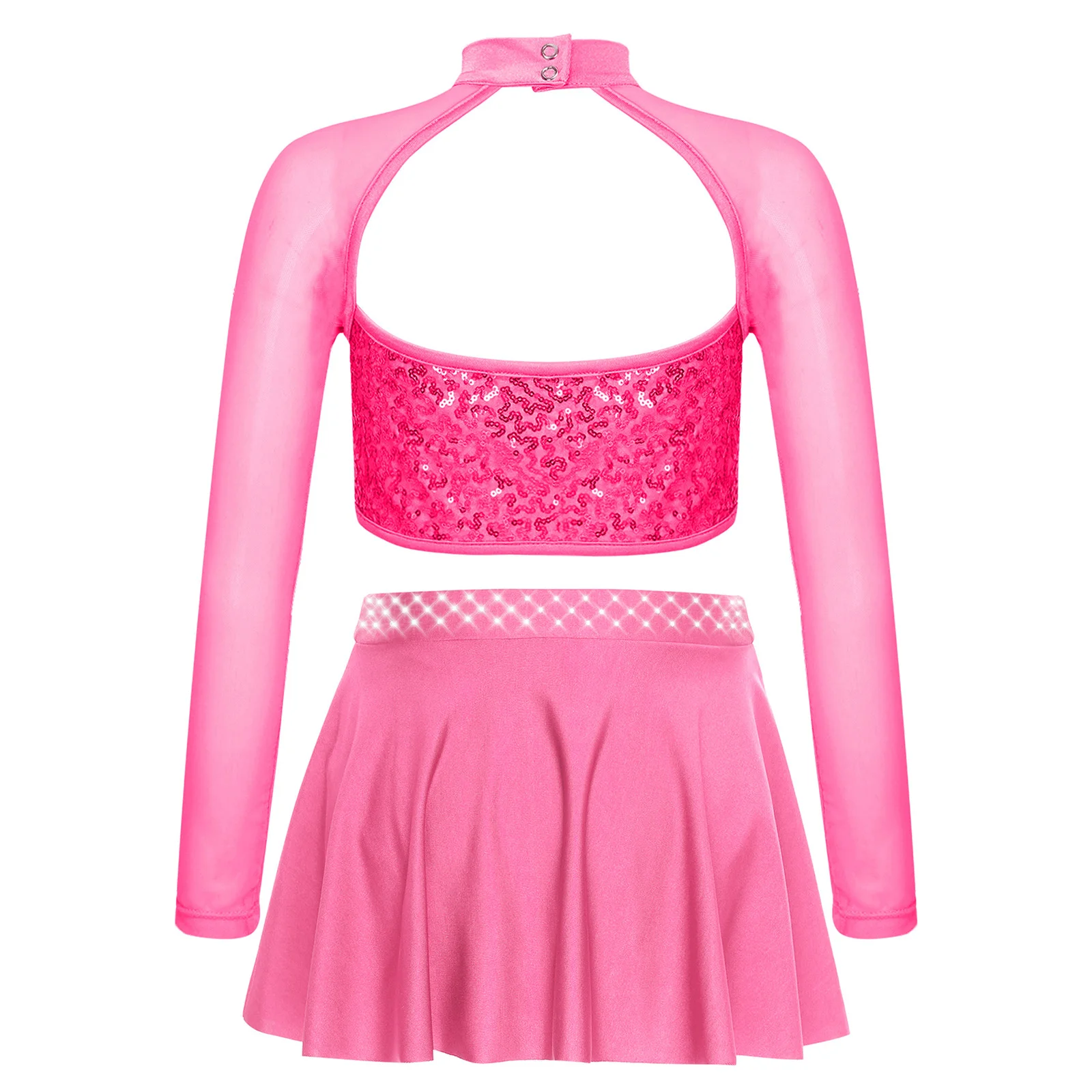 Conjuntos de baile de Ballet para niñas, traje de bailarina de baile de Jazz latino, Top corto de lentejuelas de manga larga, falda con dobladillo Irregular y diamantes de imitación - imagen 5