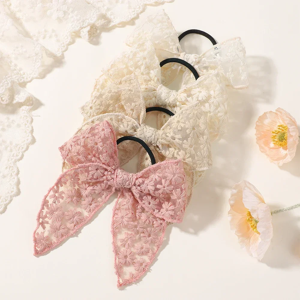 Diademas elásticas de encaje para niñas con lazo bordado - imagen 2