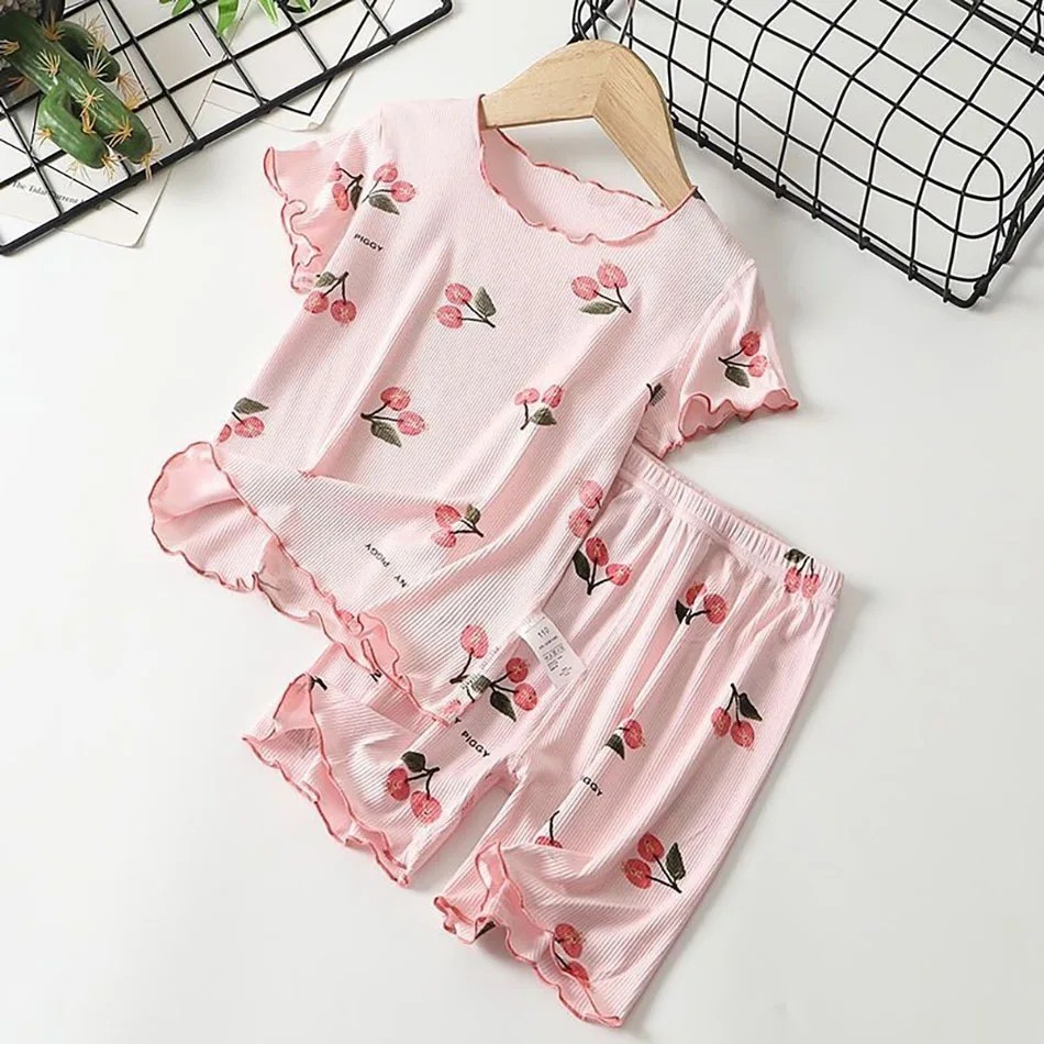 Conjunto de pijama de verano para niñas con estampado de flores de cerezo, pantalones cortos y camiseta elásticos de 4 direcciones, mezcla de Modal transpirable para antes de dormir y jugar de 1 a 8 años - imagen 3
