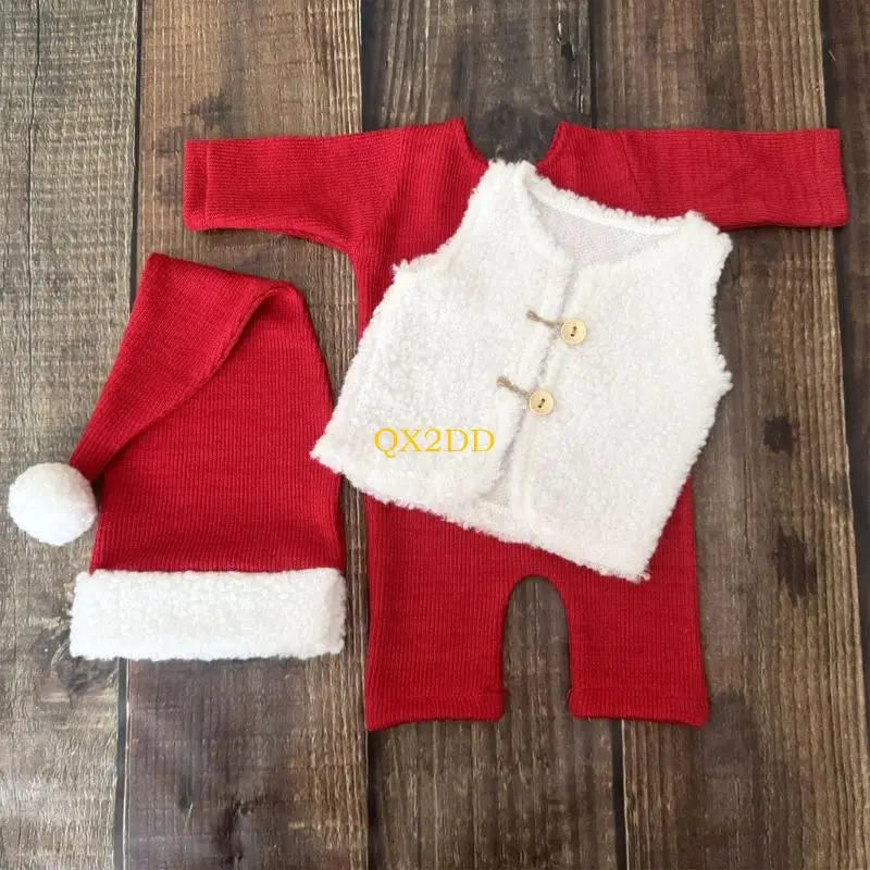 QX2D Conjunto utilería para fotografía Papá Noel para bebé, 3 piezas, ropa cómoda y respetuosa con piel para recién - imagen 3