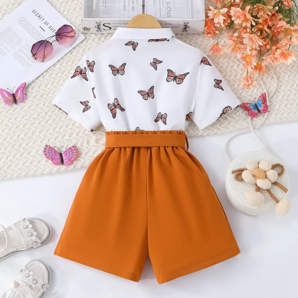 Traje de verano para niña, conjunto de ropa grande para niños, Polo informal de manga corta con mariposa y pantalones cortos, traje de 2 uds para niños de 8, 9, 10, 11 y 12 años - imagen 2