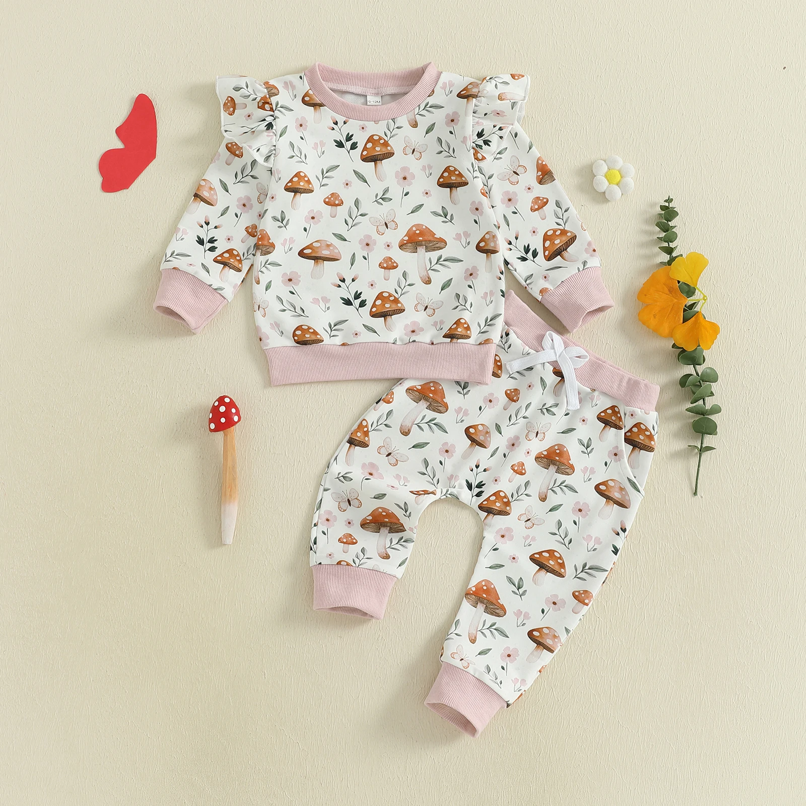 Conjunto de 2 piezas de trajes de otoño para niña, sudadera con estampado floral de setas de manga larga y pantalones de cintura elástica, ropa para niños pequeños