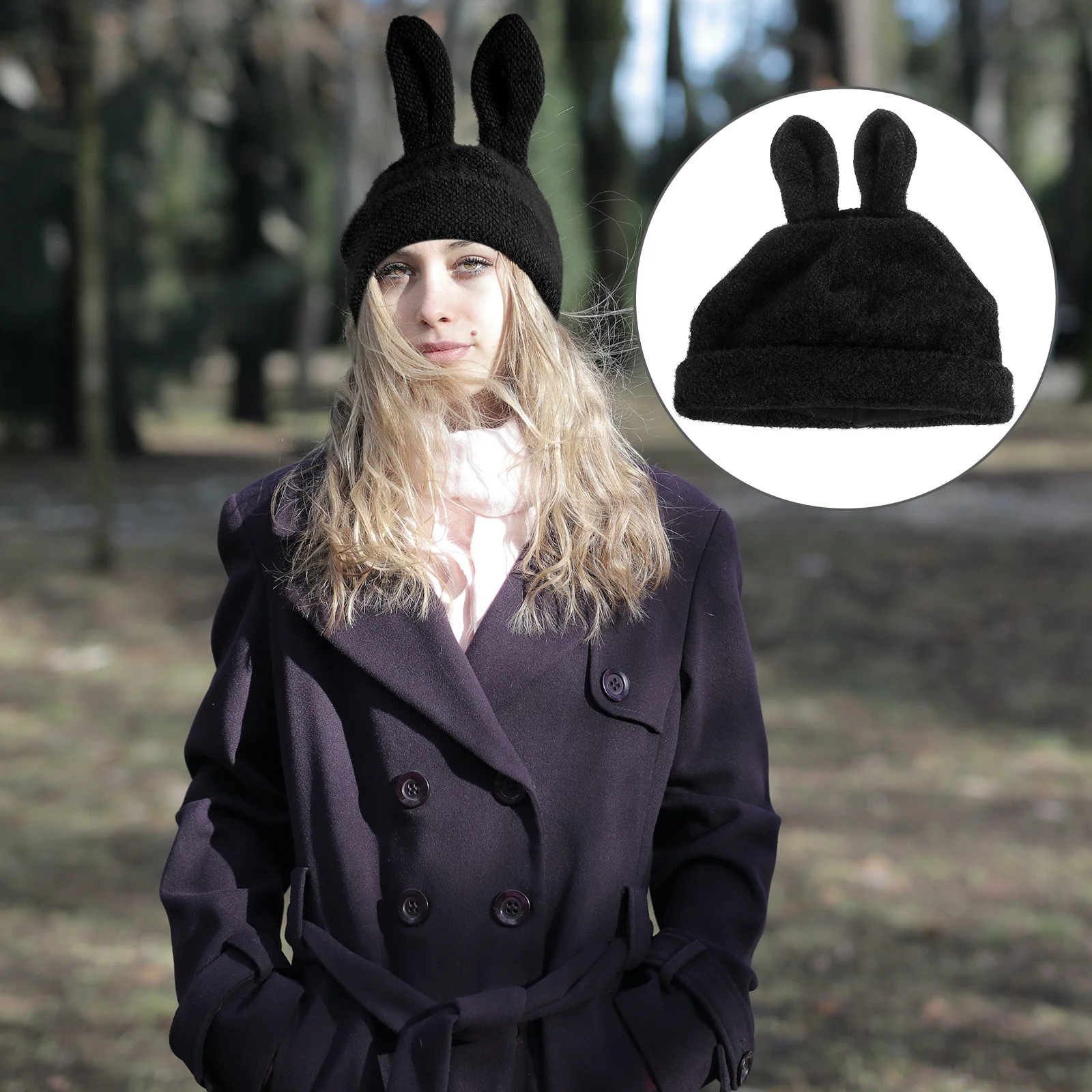 Gorro de lana tejido con orejas de conejo, gorro de tela de chenilla cálido para otoño e invierno para niñas, gorro cálido para exteriores, moda elegante - imagen 3