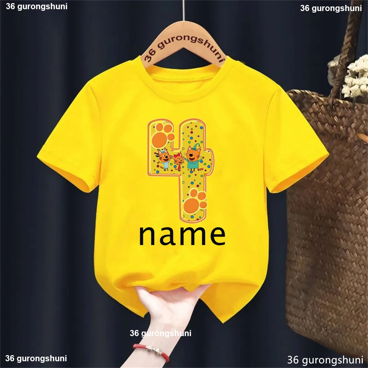 Camiseta con nombre personalizado para niños y niñas, ropa divertida de gato familiar, Harajuku, color liso, regalo de cumpleaños, 1, 2, 3, 4. ° - imagen 4