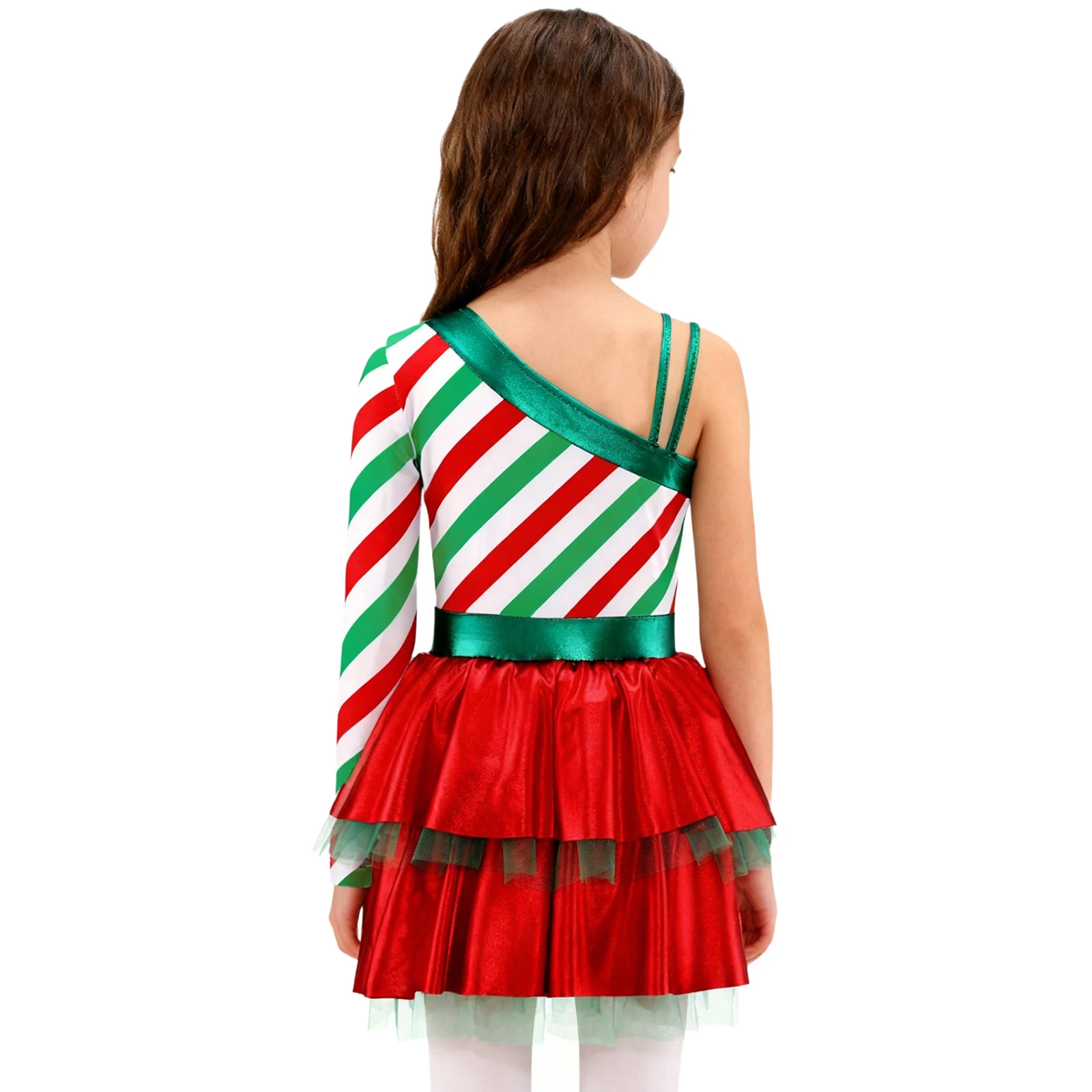 Maillot de danza infantil un hombro con volantes a rayas navideñas - imagen 3