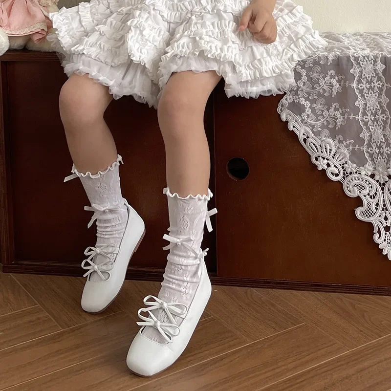 1 par de calcetines de pantorrilla florales de Jacquard de verano para niños y niñas, calcetines coreanos de moda con lazo para niños, calcetines dulces elásticos de nailon suave, ropa - imagen 3