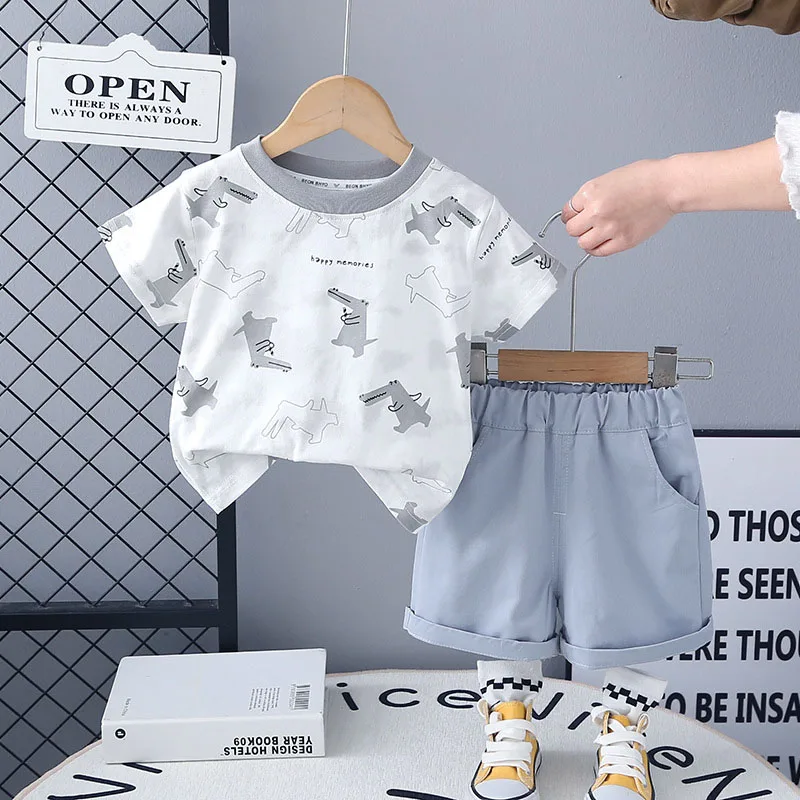 MILANCEL, nuevo conjunto de ropa de verano para niños, camiseta de cocodrilo de dibujos animados para niños + pantalones cortos de Color sólido, prendas de vestir de estilo fino para niños, 2 uds. - imagen 2