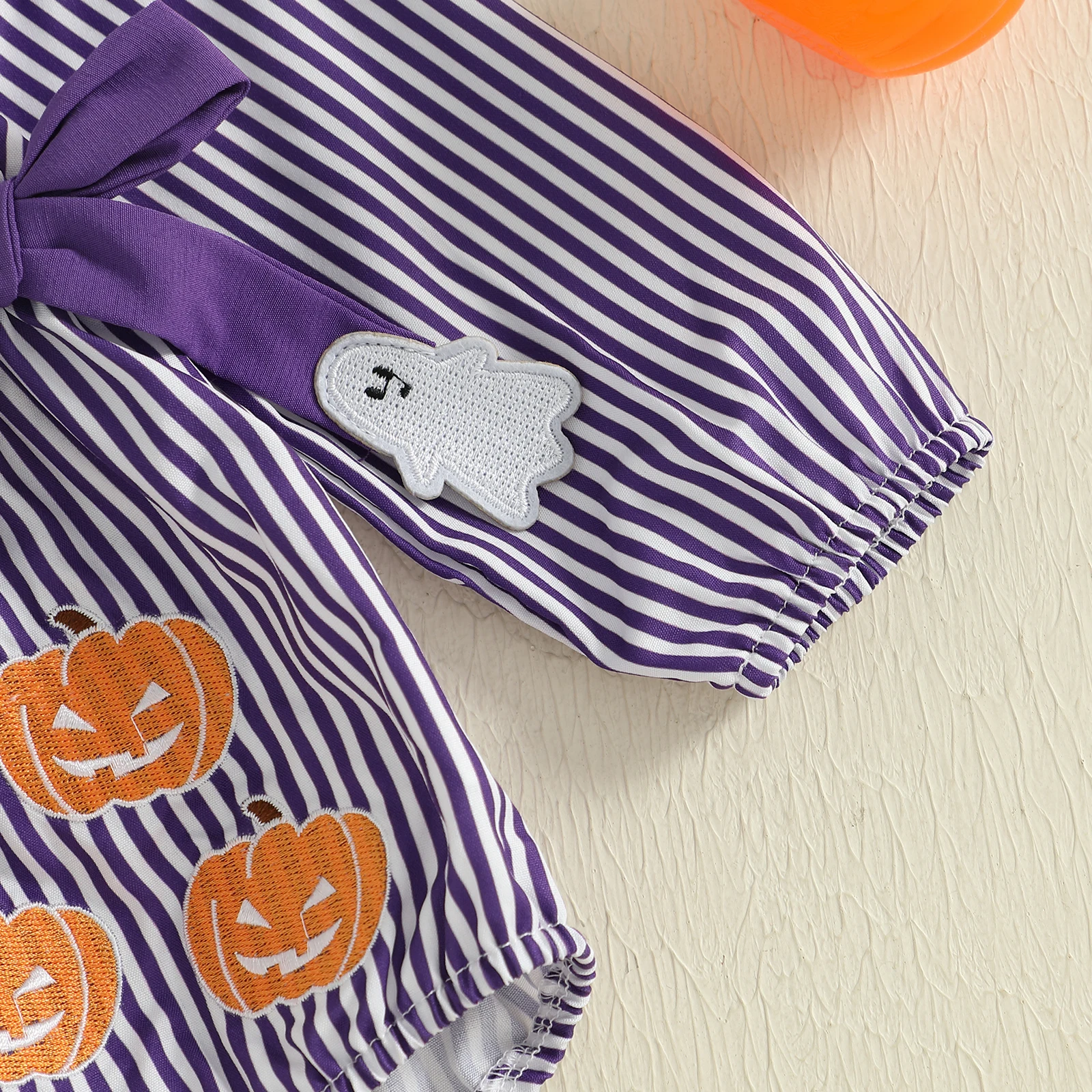 VISgogo-Body de Halloween para niña de 0 a 18 meses, pelele con estampado de rayas y lazo frontal de manga larga, mono de otoño para recién nacido - imagen 5