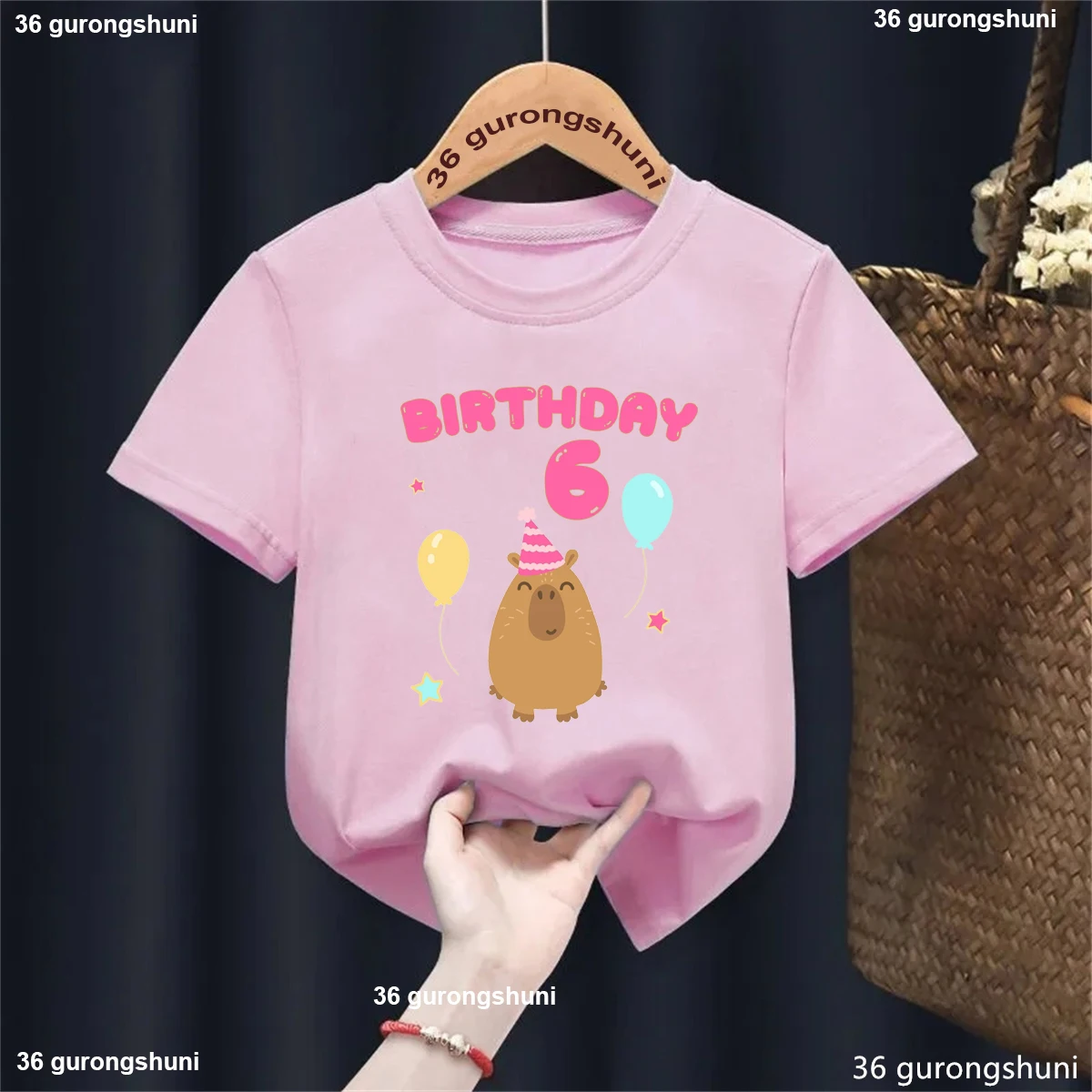 Camiseta con estampado de globos de capibara para niños y niñas, ropa divertida Kawaii para niños, camisetas lisas de moda, 5/6/7/8/9 cumpleaños - imagen 3