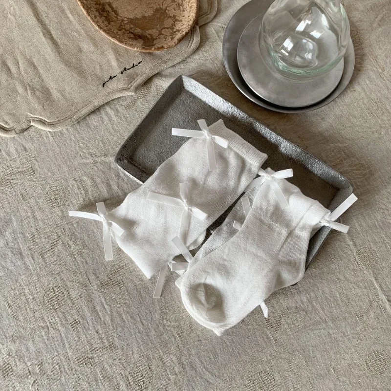 1 par de calcetines de pantorrilla de malla para primavera y verano para niños y niñas, calcetines holgados de algodón suave con cinta y lazo dulce y sencilla para niños - imagen 4