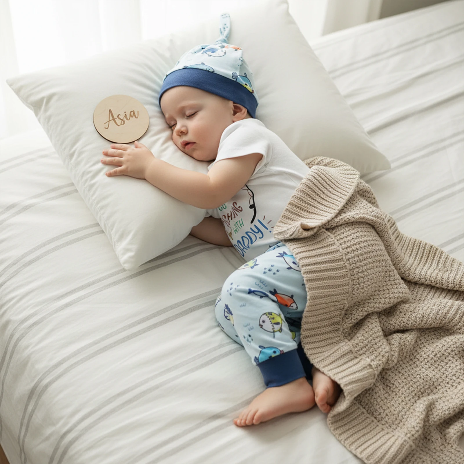 ViSgogo Conjunto de 3 piezas de verano para bebé, cuello redondo, manga corta, estampado de letras, mameluco, pantalones elásticos de cintura larga y sombrero - imagen 3