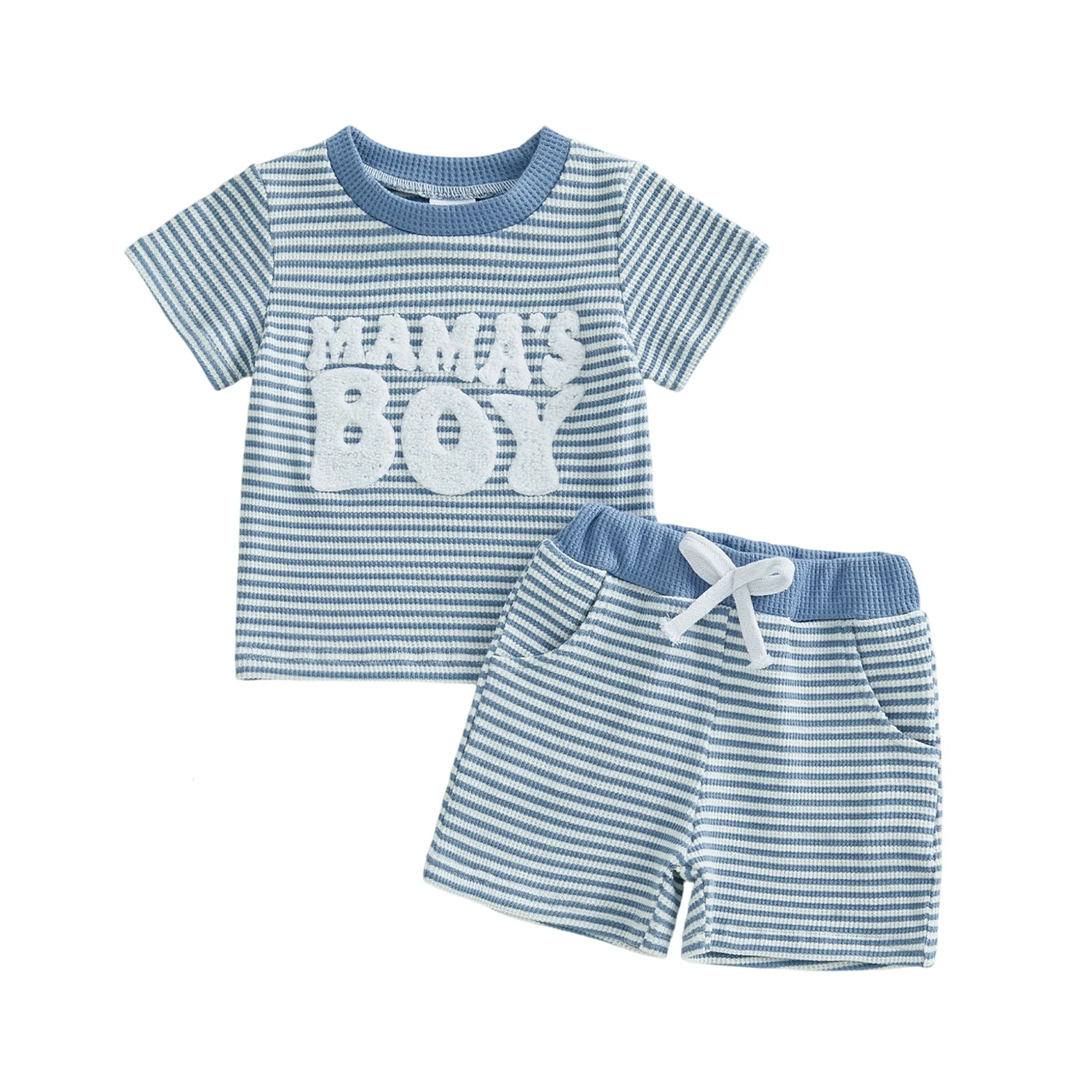 Conjunto verano niño con bordado letras rayas camiseta pantalones cortos - imagen 2