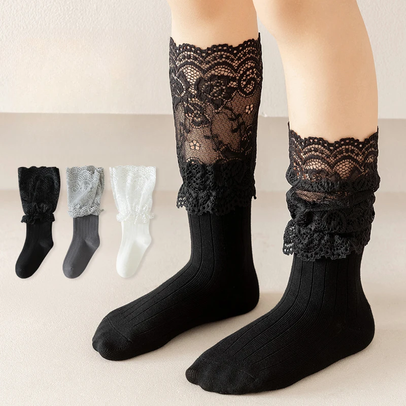 1 par de calcetines de baile de encaje a la moda para chico, calcetines elegantes y dulces de princesa con volantes hasta la pantorrilla para niños, calcetines escolares de algodón suave para primavera y verano