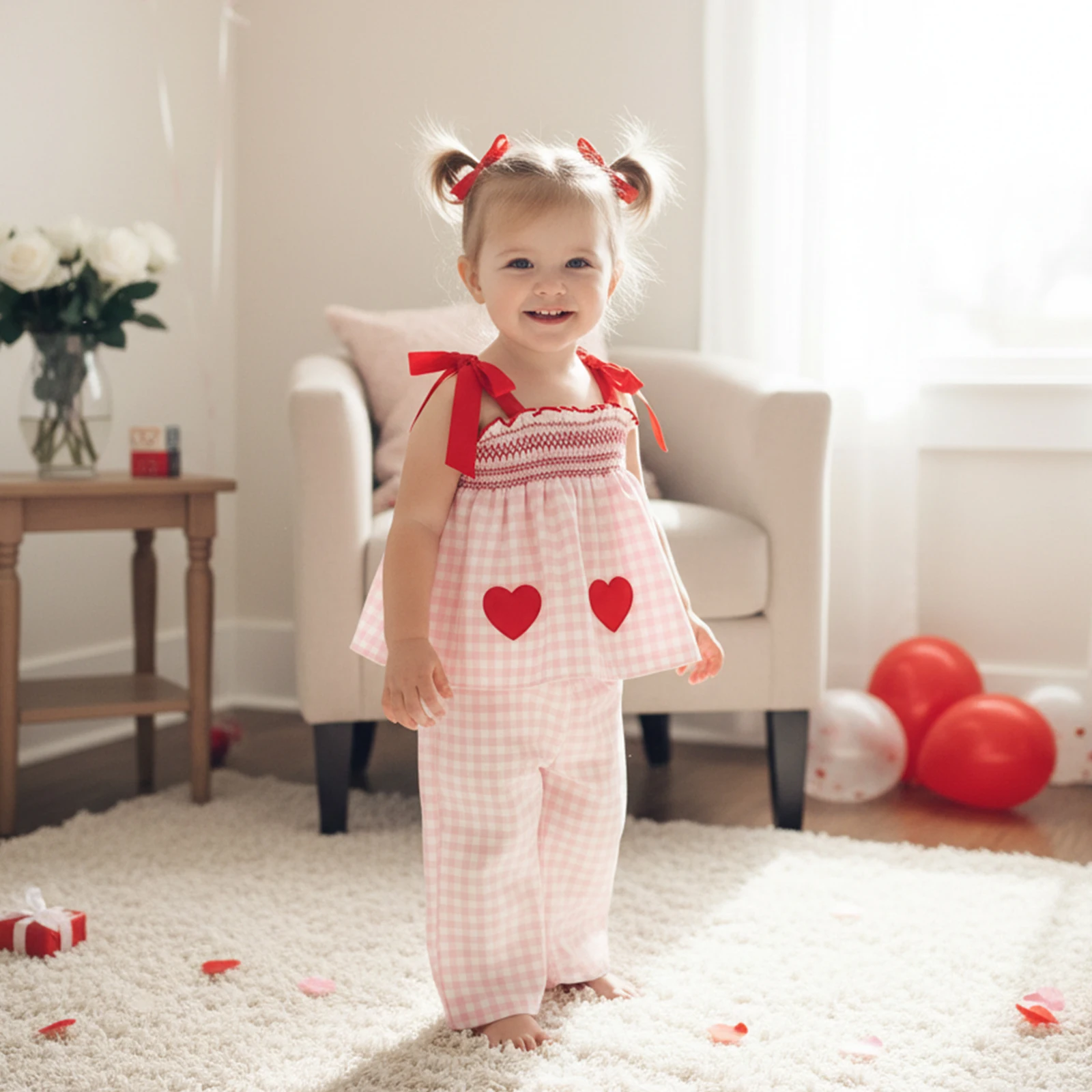Conjunto de 2 piezas de tops y pantalones con hombros descubiertos y parche de corazón de amor a cuadros para niña pequeña - imagen 5