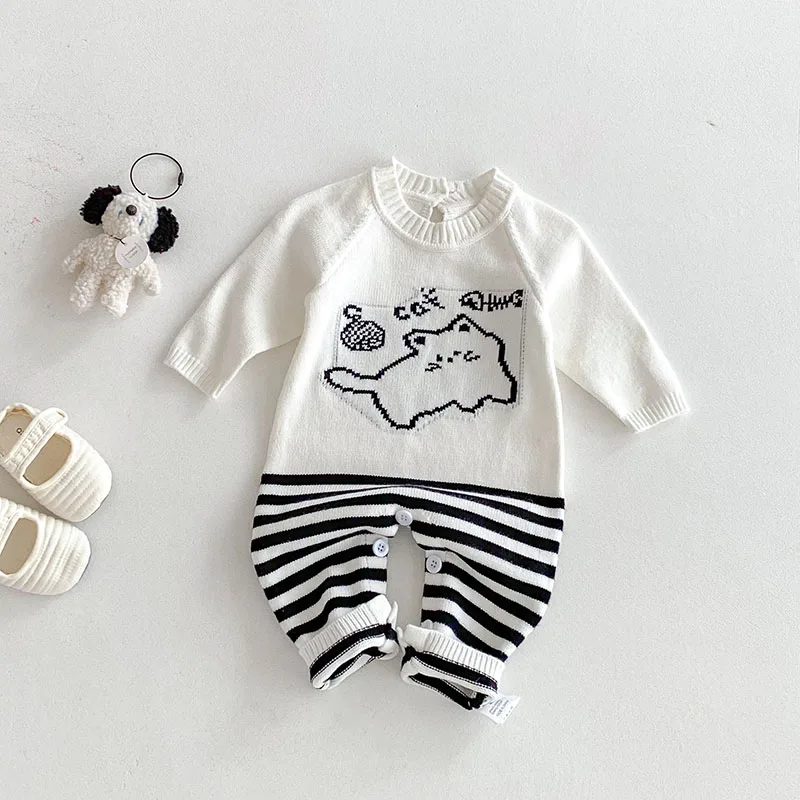 MILANCEL, nuevos peleles de otoño para bebé, 3M-3T, mono de gato bonito a rayas blancas y negras para niñas, mono de punto fino de una pieza para niños pequeños - imagen 3