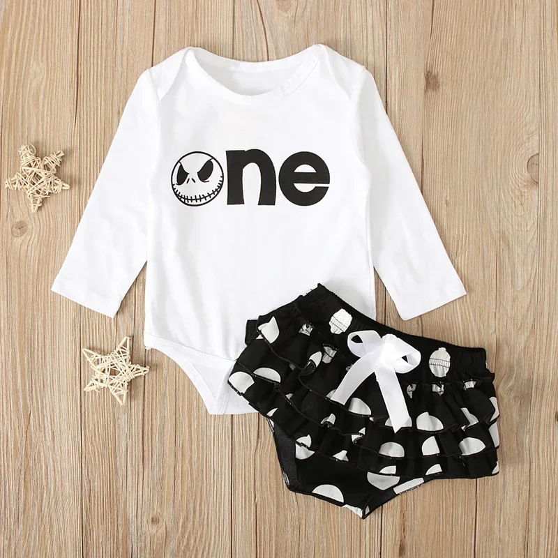 Ropa infantil de Halloween para primavera y otoño, Tops de manga larga con estampado de dibujos animados y pantalones cortos de lunares, artículos para recién nacidos B137, 2 piezas