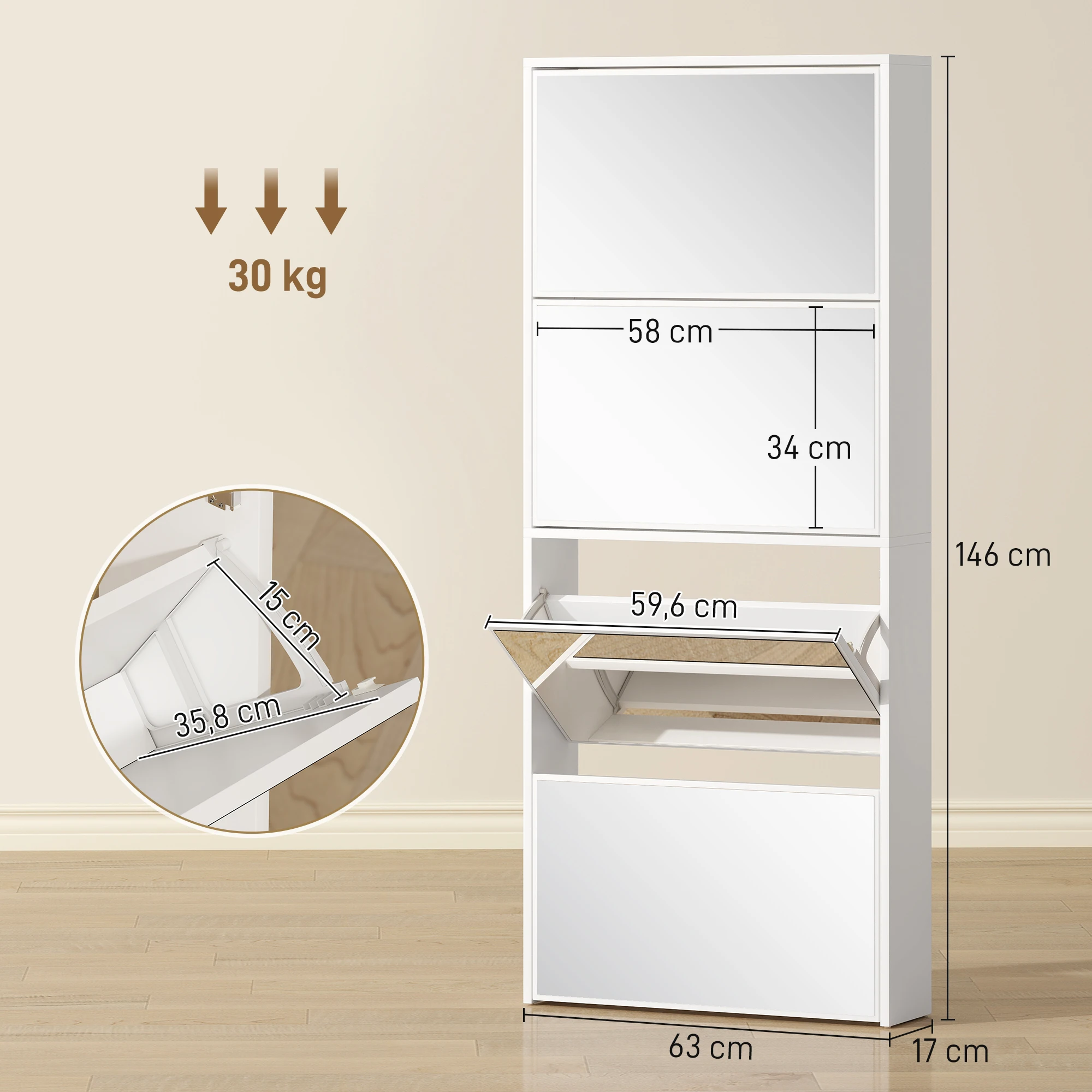 HOMCOM Zapatero Estrecho con Espejo, 4 Puertas Abatibles, Zapatero Entrada Recibidor para 12 Pares de Zapatos, para Pasillo, Espacios Reducidos, 63x17x146 cm, Blanco - imagen 3