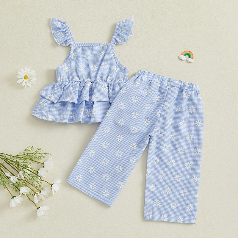 Conjunto de 2 piezas para niñas pequeñas de 1 a 4 años, Tops con mangas voladoras y volantes con estampado Floral a cuadros y pantalones elásticos, ropa de verano para bebés - imagen 3