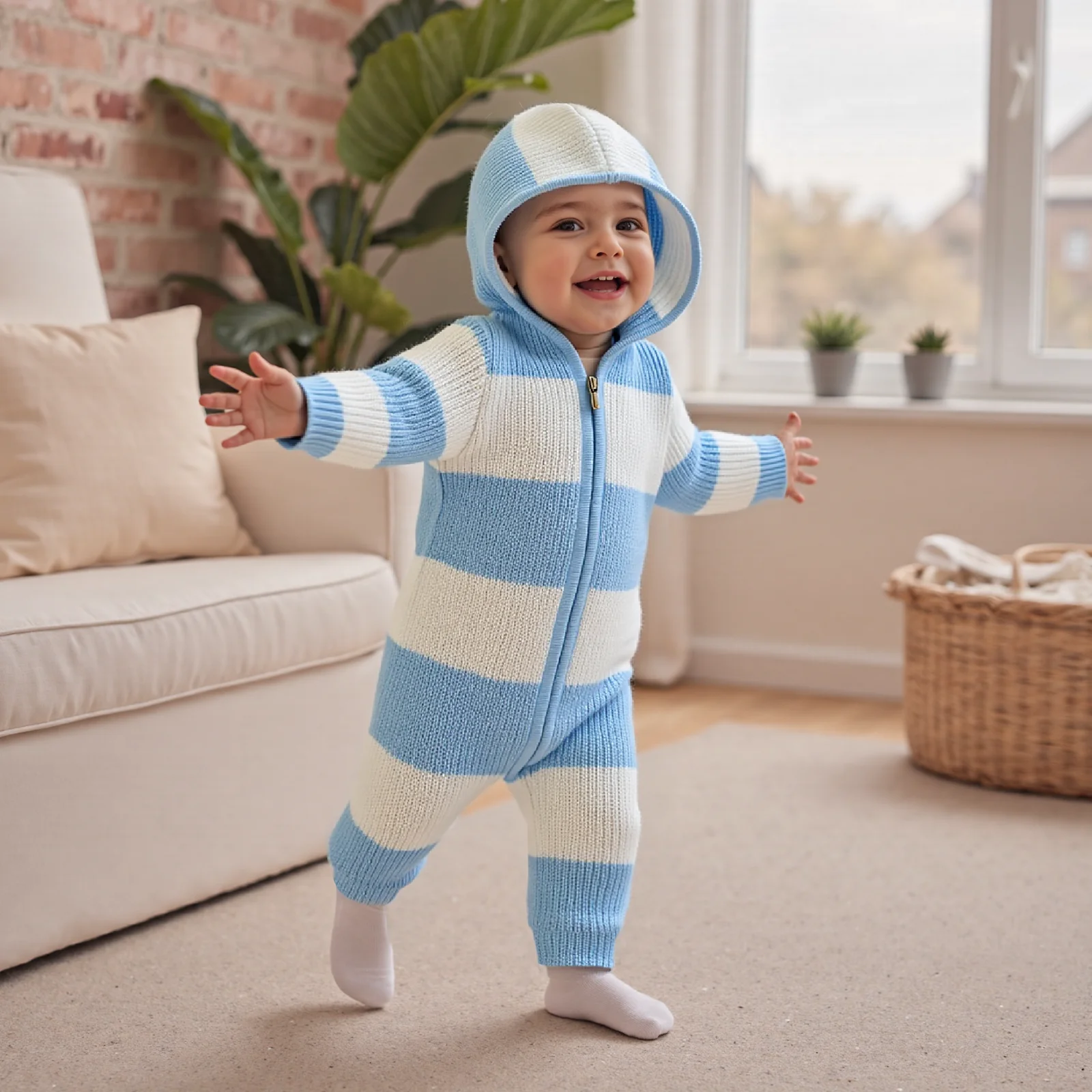 Mono de bebé, manga larga con capucha y cierre de cremallera, mameluco de punto, suéter a rayas para niñas y niños - imagen 2