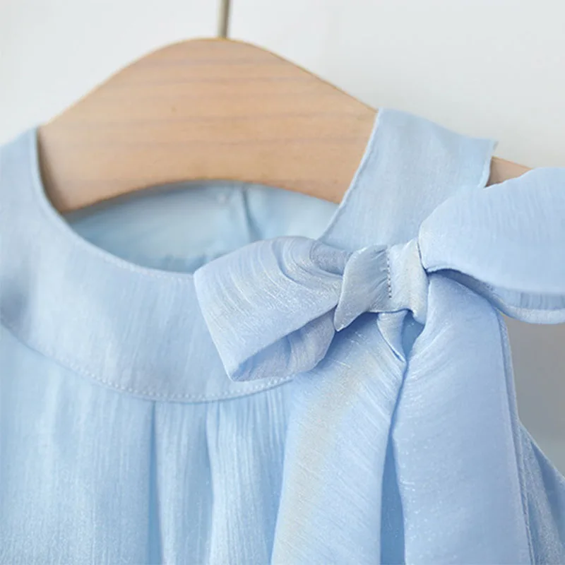 2025 vestidos de lujo de verano para niñas coreano lindo arco sin mangas de encaje de algodón princesa cumpleaños vestido azul Boutique ropa para niños B108 - imagen 5