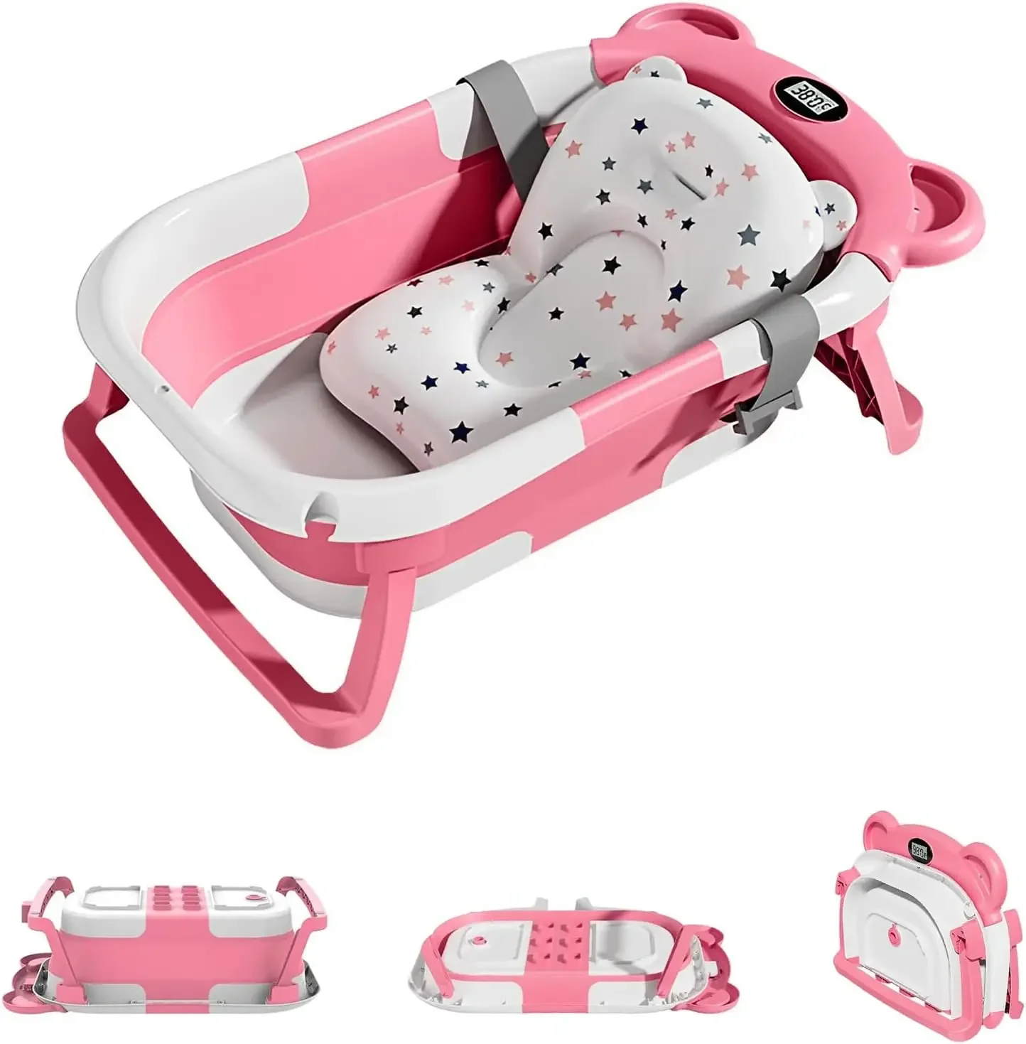 UBRAVOO Bañera para bebé recién nacido con monitoreo de temperatura en tiempo real, baño plegable para niños pequeños con cojín suave, portátil