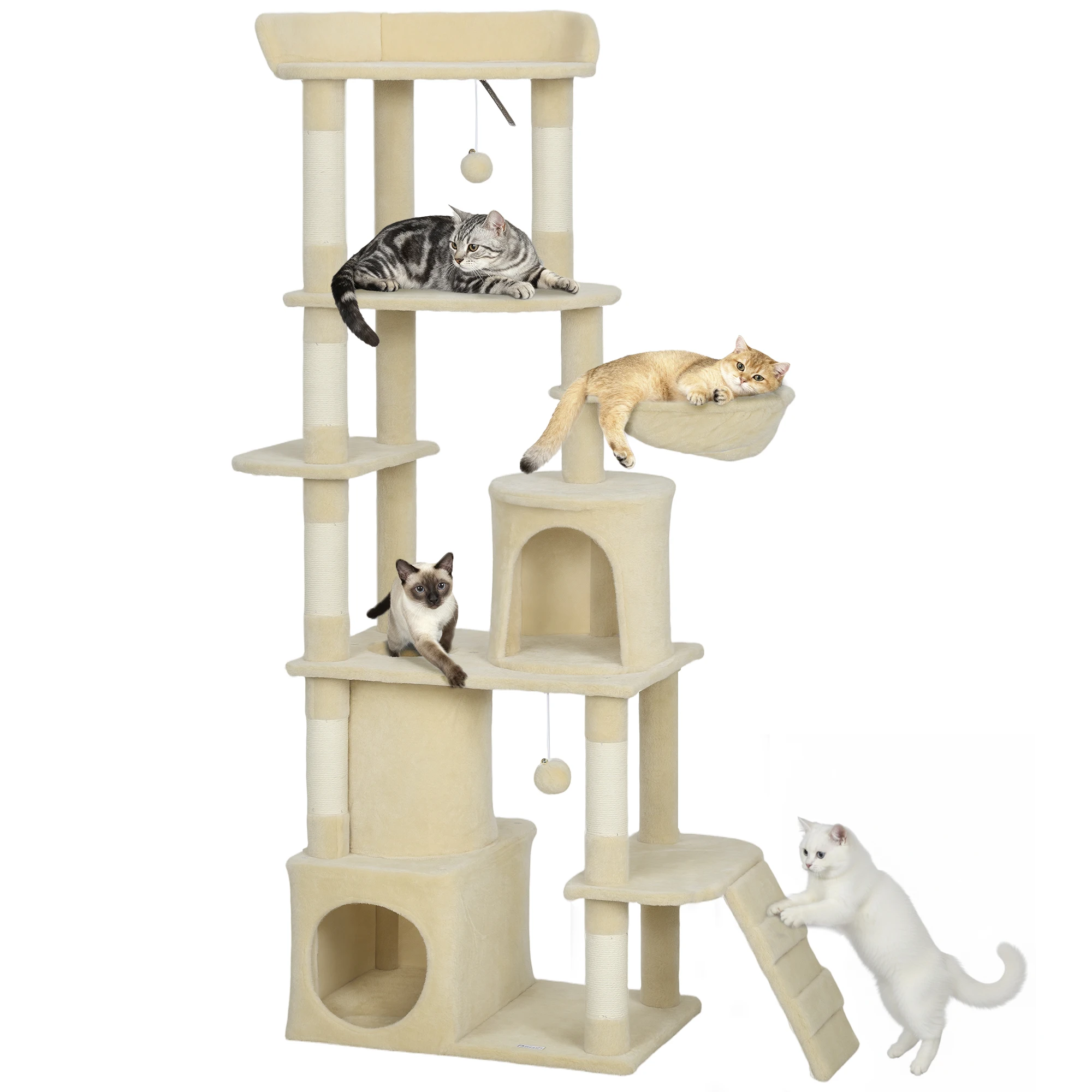 PawHut Árbol Rascador para Gatos Grande, Árbol para Gatos, Altura 170 cm, Torre de Escalada con 7 Postes, 1 Túnel, 3 Plataformas, 2 Cuevas, 1 Hamaca, 1 Percha, 1 Rampa, Pompones