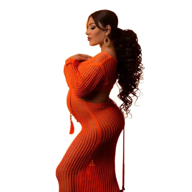 Vestido largo naranja de maternidad para sesiones fotográficas - imagen 5