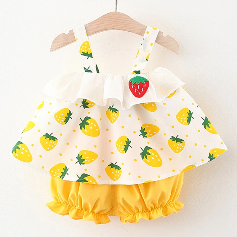 Conjunto de ropa de verano para niña pequeña, Tops sin mangas y pantalones cortos de algodón con estampado de fresas de dibujos animados, BC076, 2 piezas - imagen 2