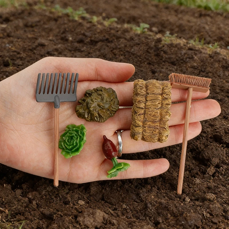 Juego de simulación de juguetes de granja, estatuilla de granjero, Mini herramientas de jardinería, pala, rastrillo, tenedor, verduras, tallo, juego educativo, regalo para niños - imagen 2