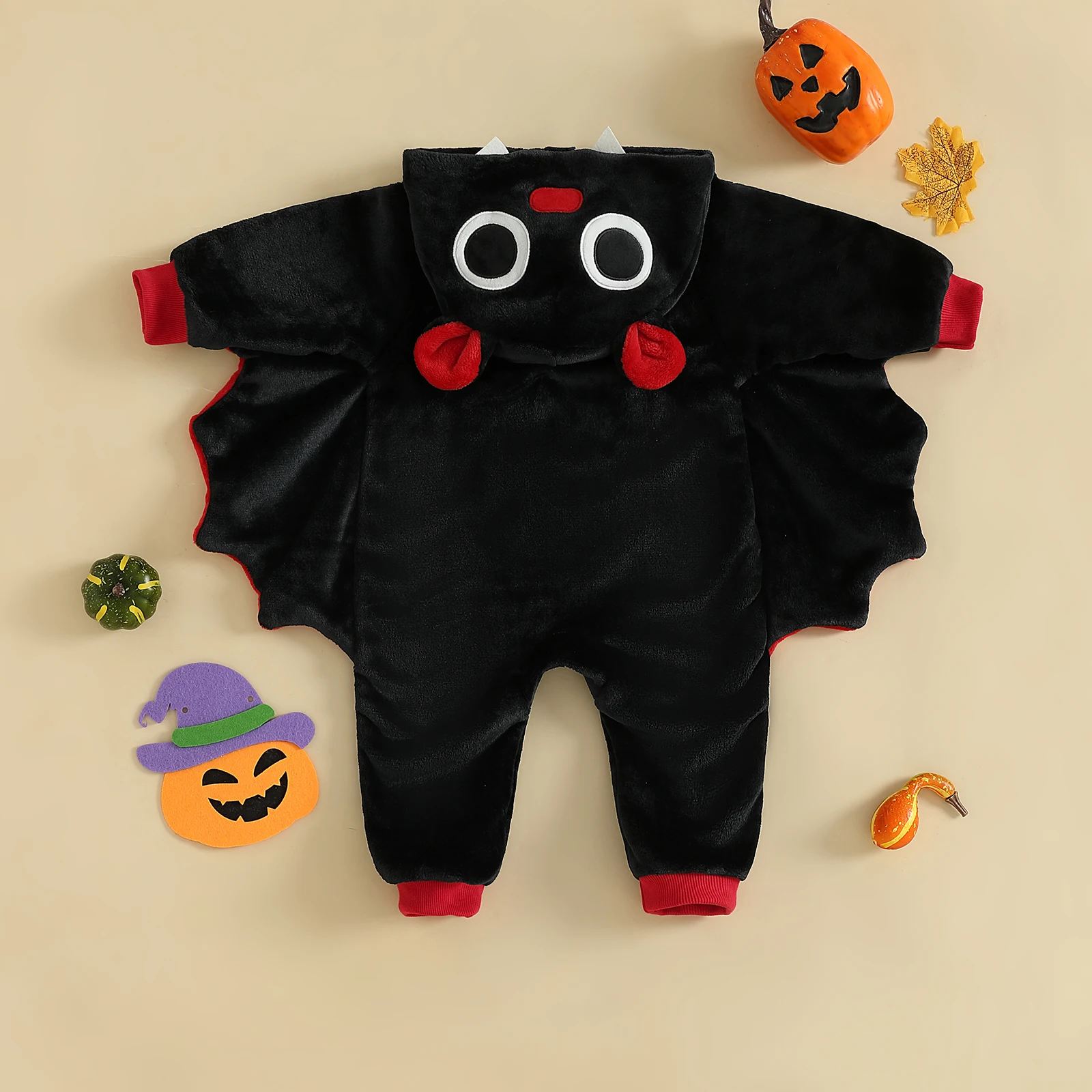 SUNSIOM-Disfraz de murciélago para niños de 1 a 5 años, ropa de Halloween, mono con capucha de manga larga, disfraz de Cosplay con cierre de cremallera de retales - imagen 3