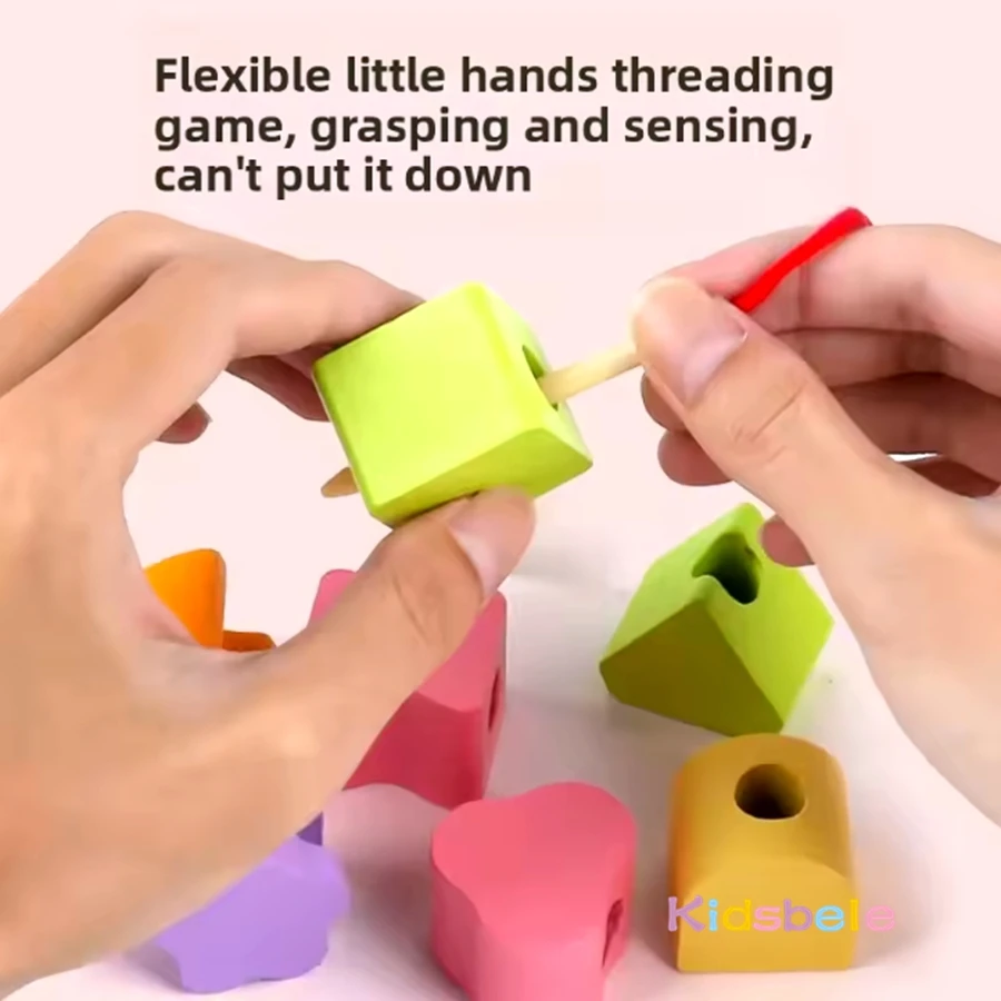 Juego de enhebrado de cuerdas de cuentas de madera Montessori, juego de rompecabezas a juego con formas geométricas de colores, clasificación de colores, juguetes de aprendizaje preescolar - imagen 5