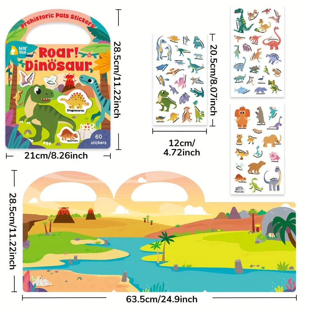 Libro de colección de pegatinas reutilizable para niños pequeños, vehículos de dinosaurios, viñetas de animales divertidos, pegatina ocupada, juguete para regalo para niños y niñas - imagen 2