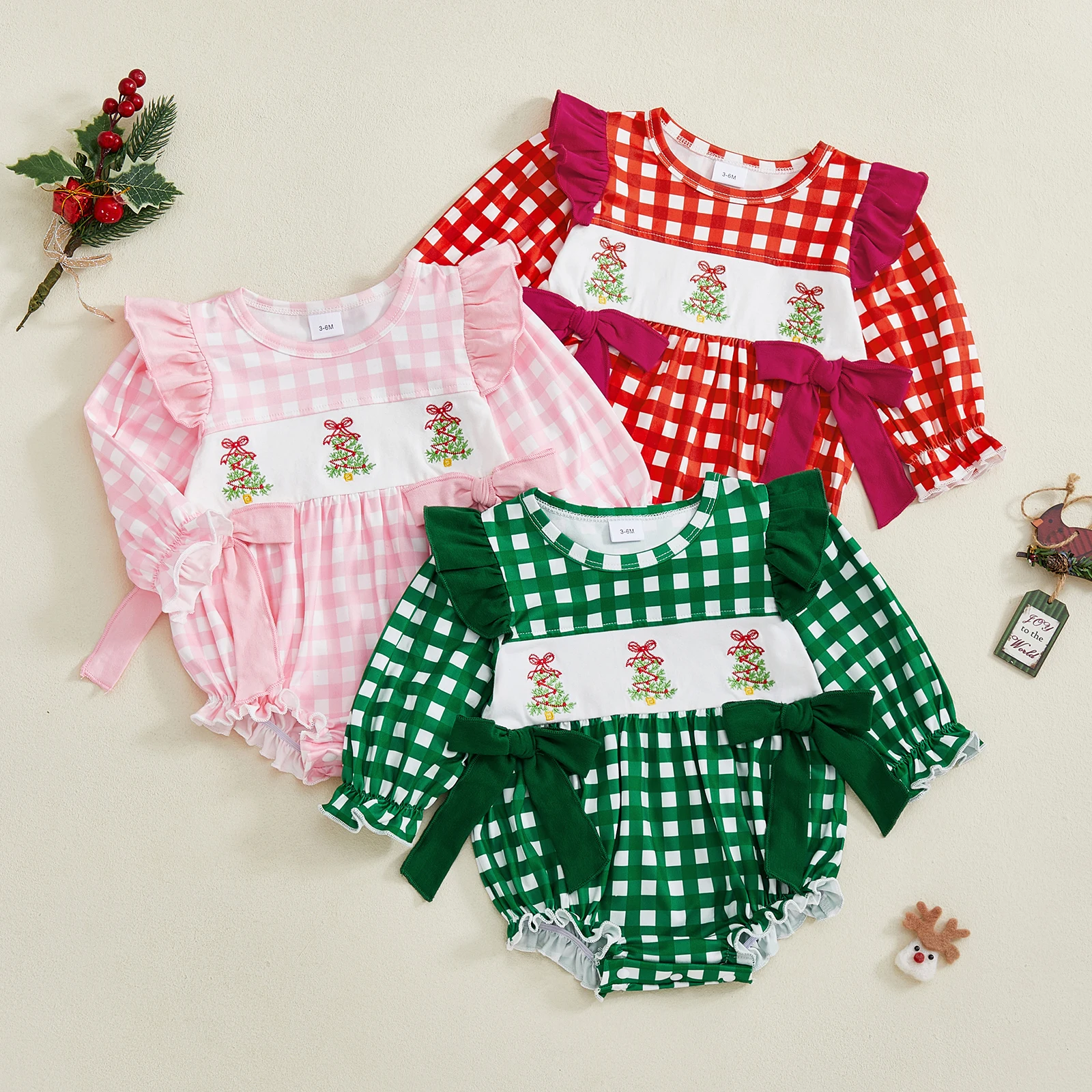 Mono navideño para niña de 0 a 24 meses, peleles con lazo y cuello redondo de manga larga con bordado de árbol y estampado a cuadros - imagen 2